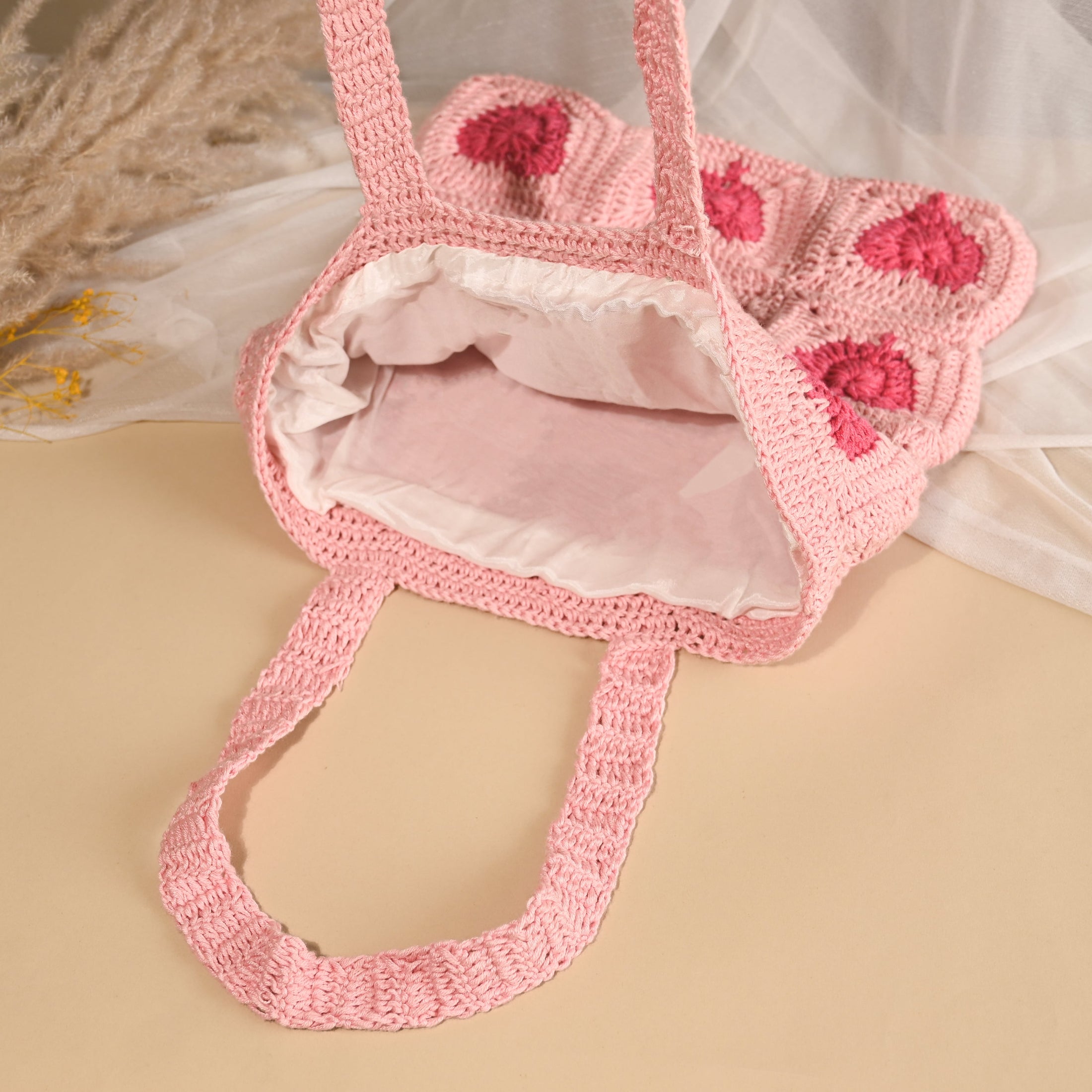 Crochet Pink Heart Tote Bag - Granmade