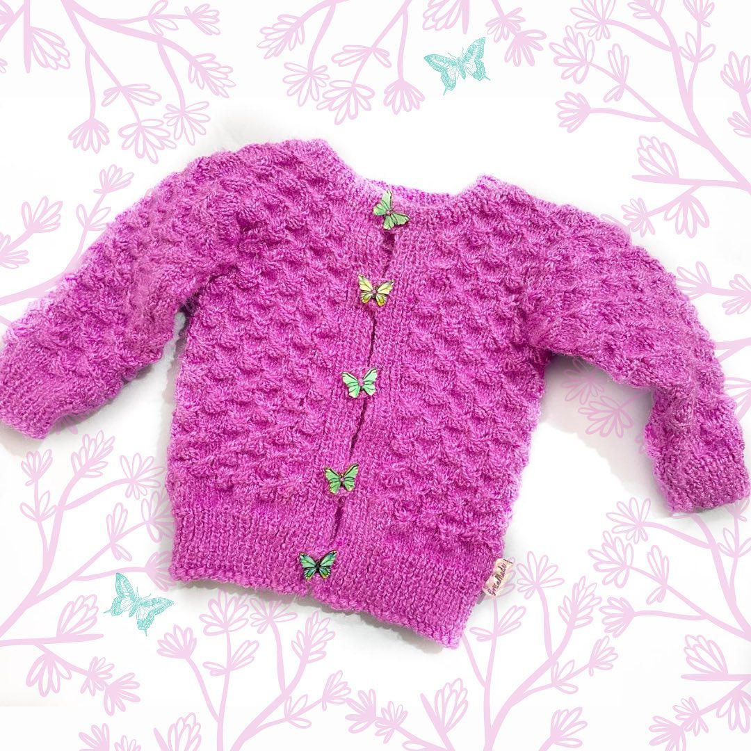 Pink Seed Stitch Baby Sweater with Butterfly buttons - Granmade