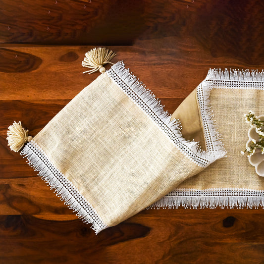 Beige Jute & Delicate Lace Table Runner - Granmade