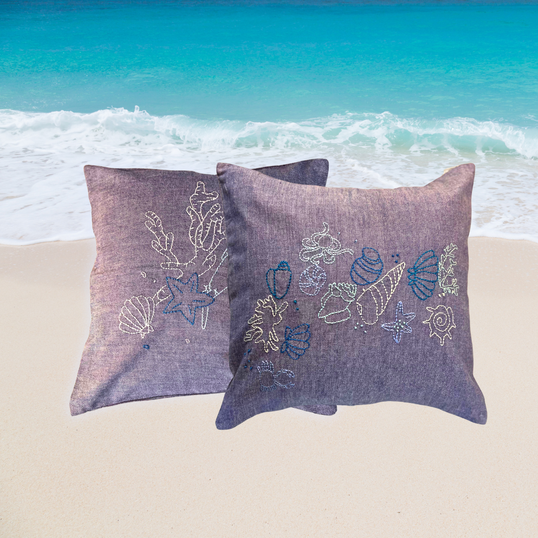 Seashells at the Seashore Hand embroidered cushion cover - Granmade