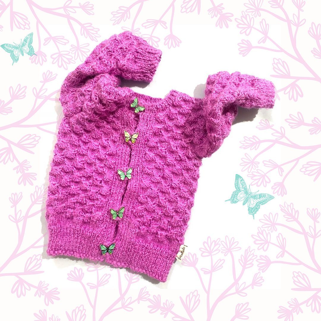 Pink Seed Stitch Baby Sweater with Butterfly buttons - Granmade