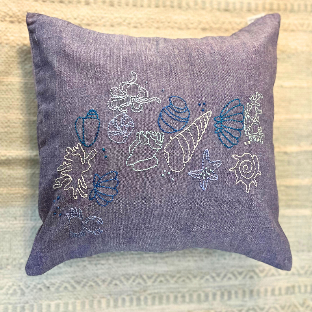 Seashells at the Seashore Hand embroidered cushion cover - Granmade