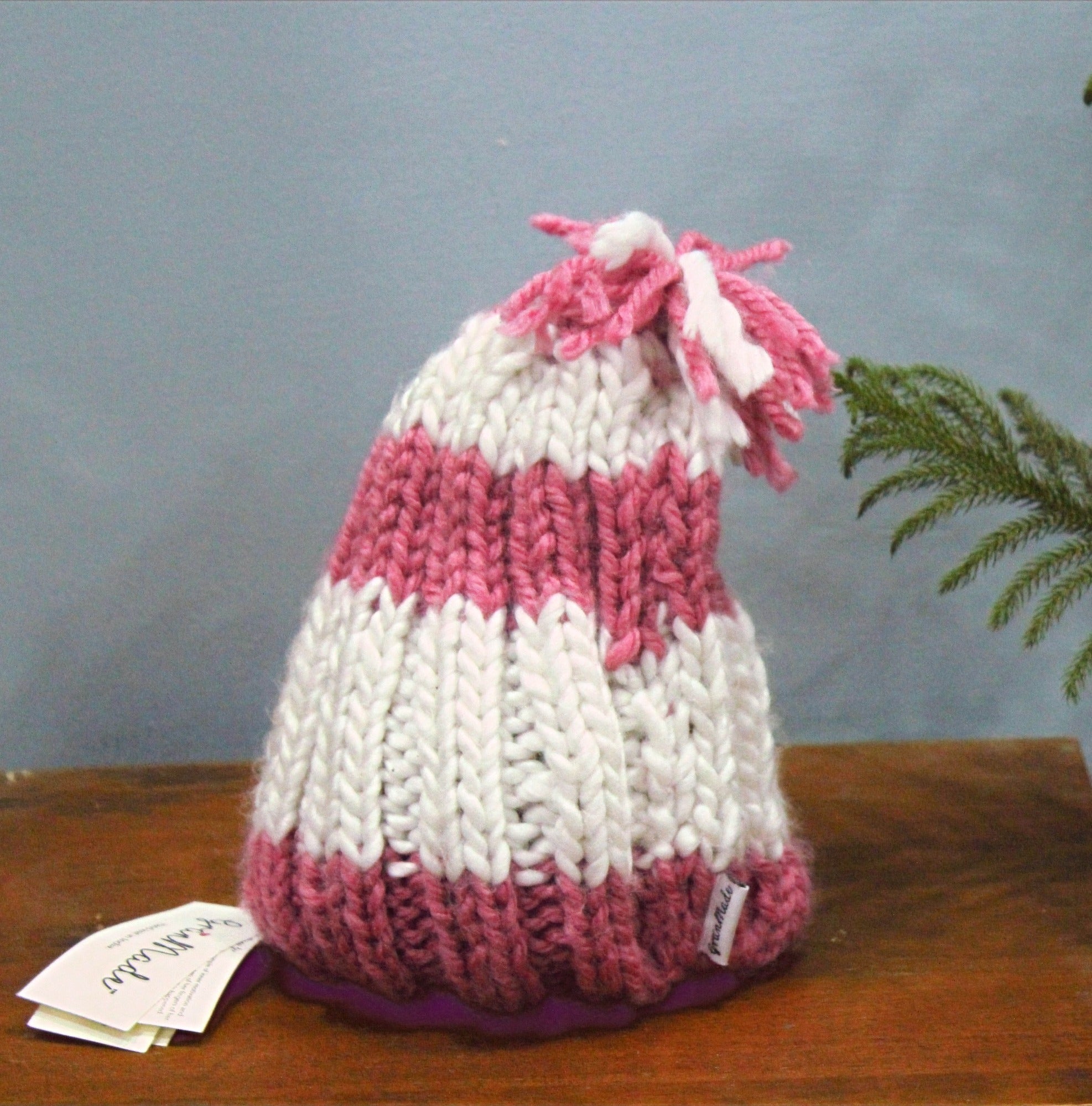 White & Pink Chunky Hand-knit Beanie - Granmade