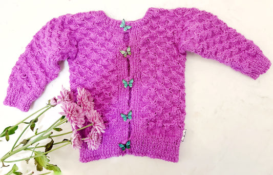 Pink Seed Stitch Baby Sweater with Butterfly buttons - Granmade