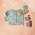 Load image into Gallery viewer, Grey Handknit Baby sweater with Crochet Flower and baby socks - Granmade
