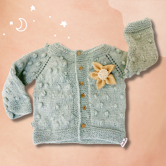 Grey Handknit Baby sweater with Crochet Flower - Granmade