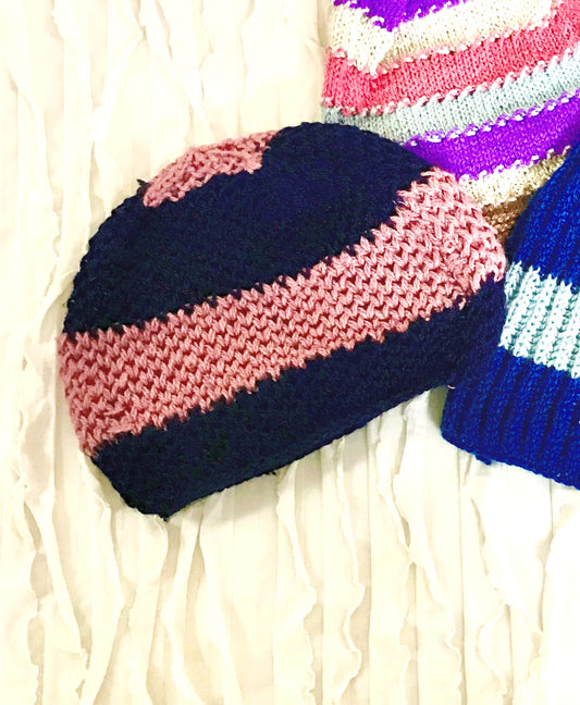 Pink & Navy Blue Honeycomb Hand-knit Beanie - Granmade