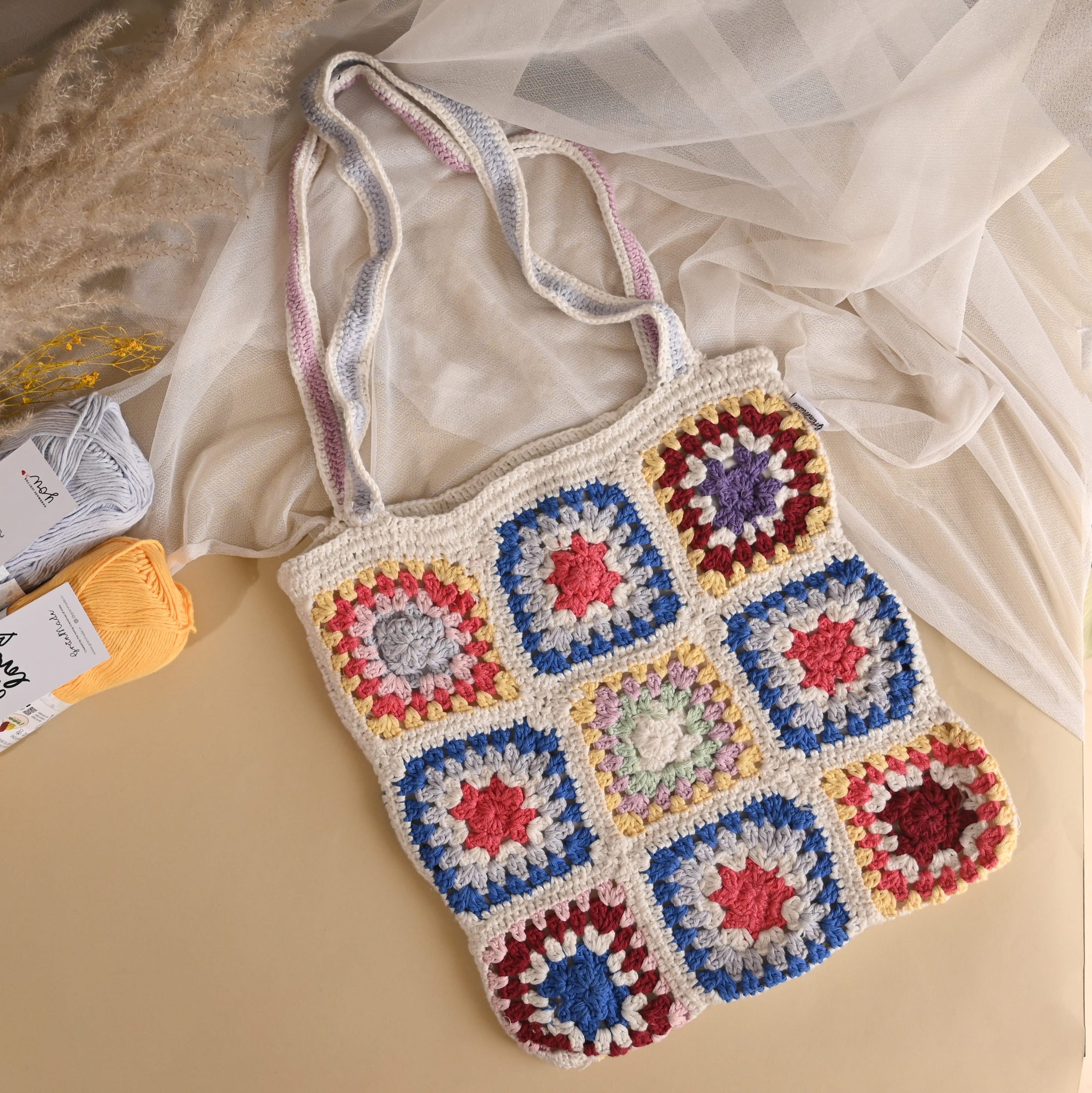 Bright Granny Square Crochet Tote Bag - Granmade