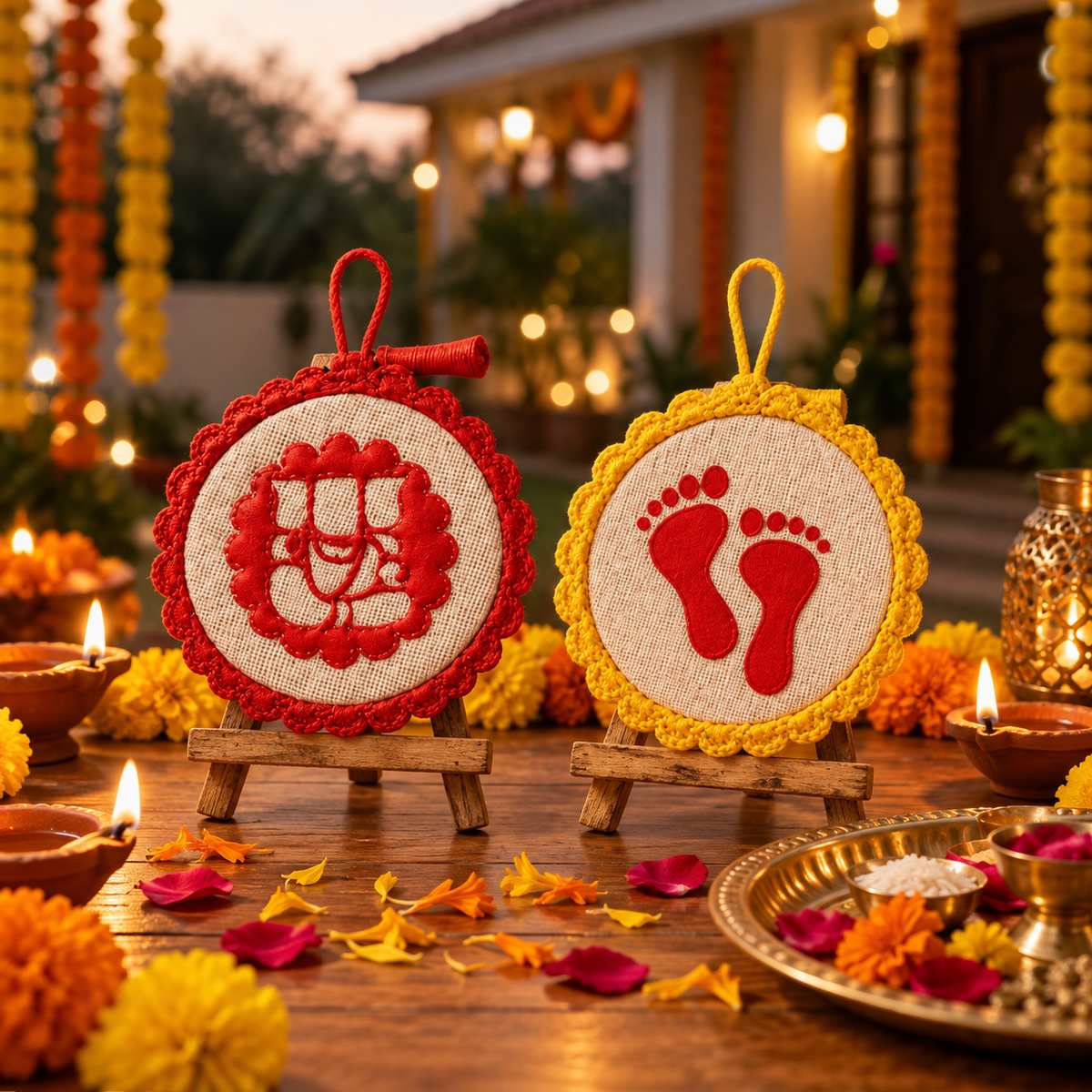 Crochet Ganeshji & Laxmi Charan Wall Art Combo with Easel Stands