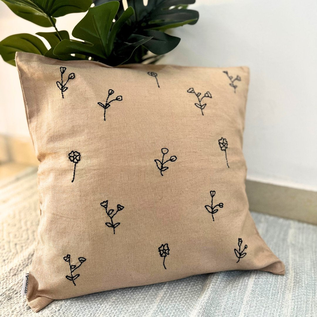 Beige and Black Flower Cushion Cover - Granmade