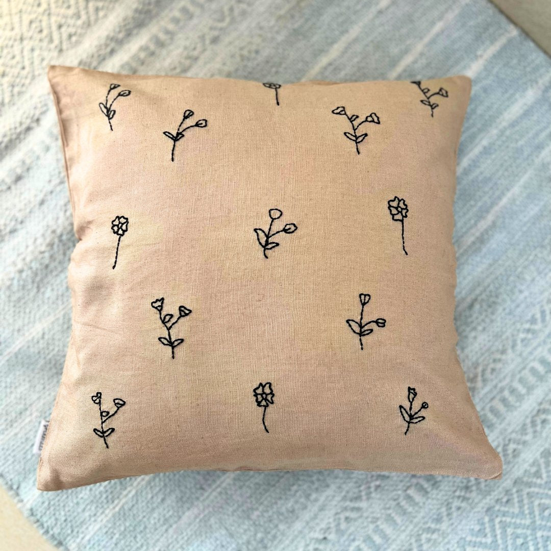 Beige and Black Flower Cushion Cover - Granmade