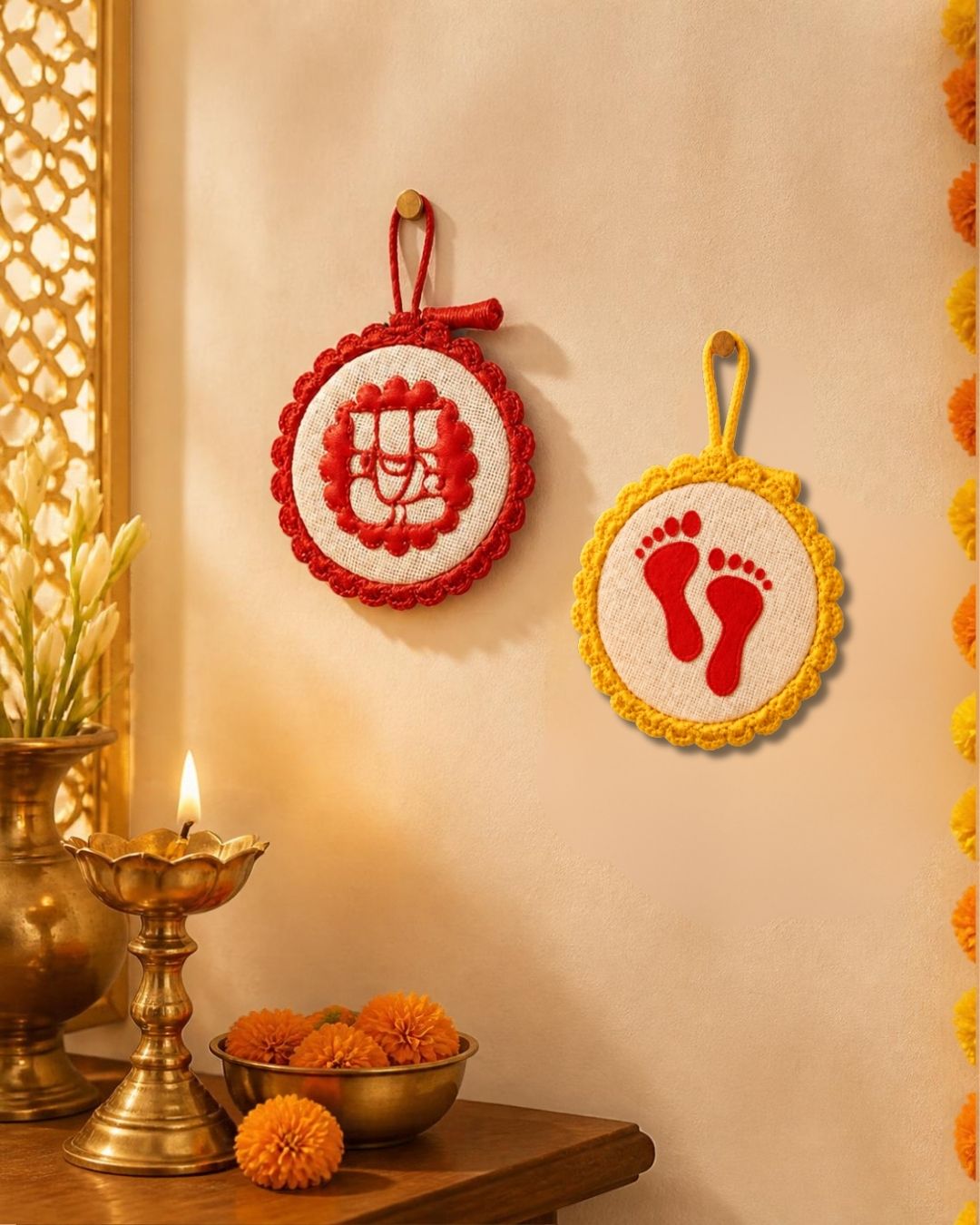 Crochet Ganeshji & Laxmi Charan Wall Art Combo with Easel Stands