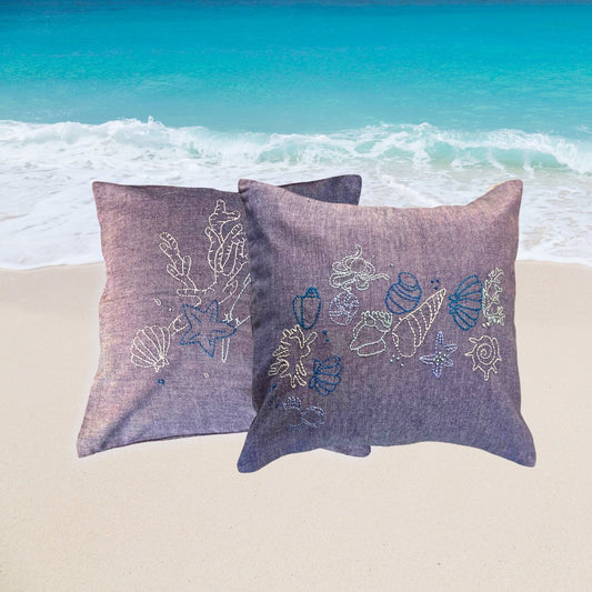 'On the Beach' Hand embroidered Cushion Covers (set of 2) - Granmade